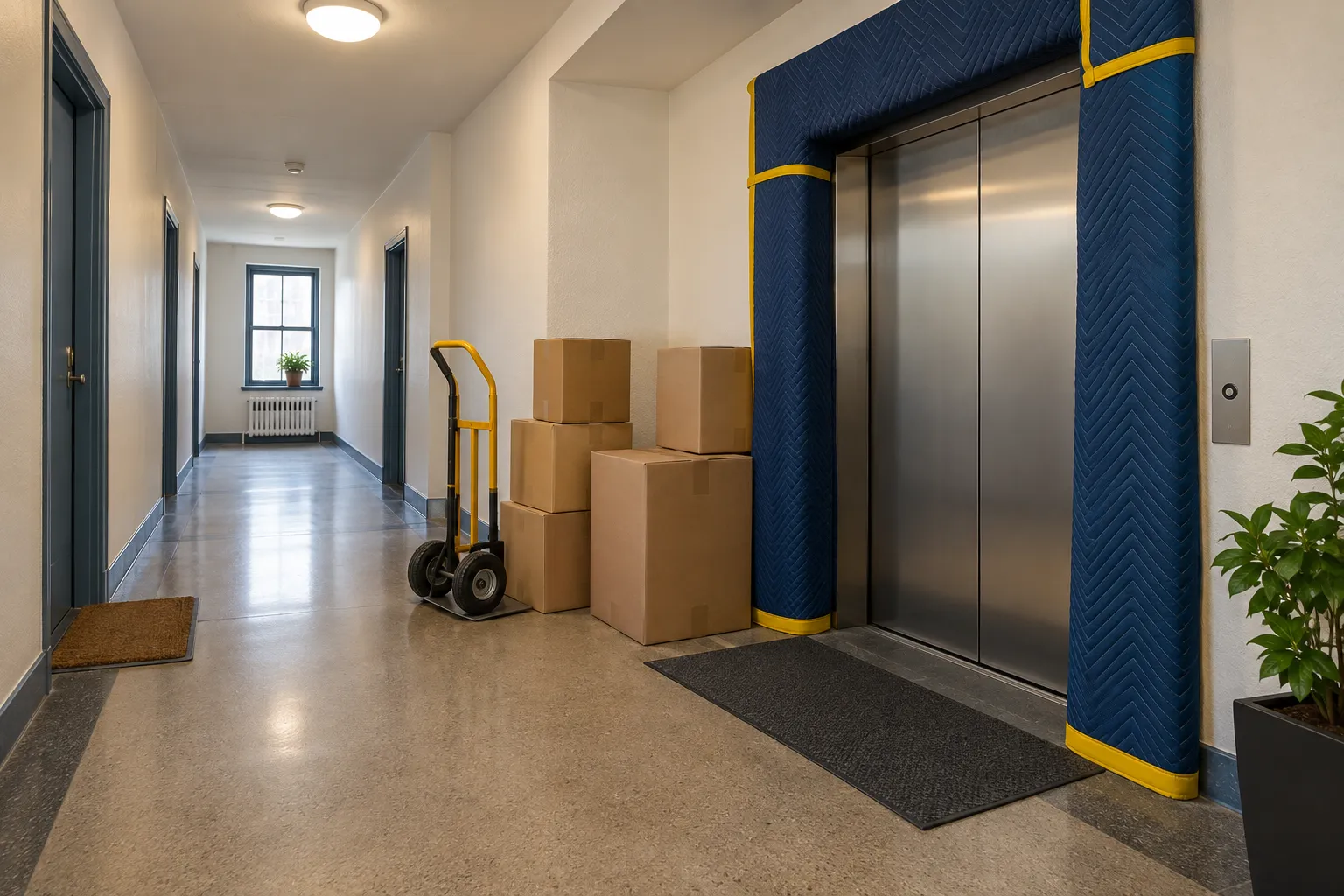 Illustrative protected apartment elevator and clear hallway