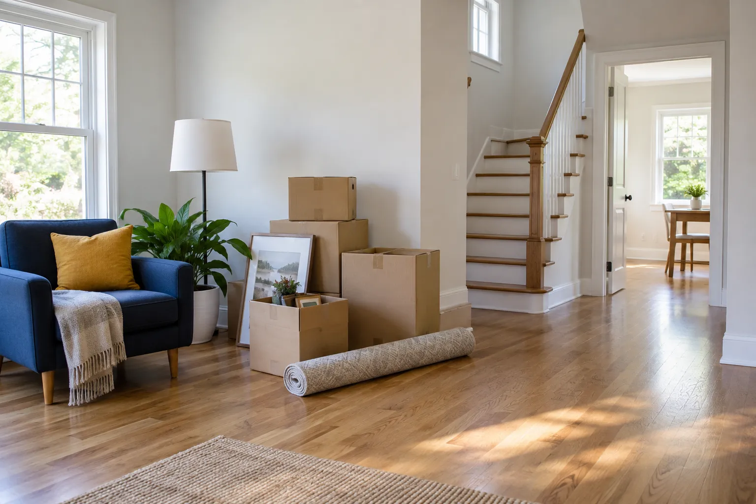 Illustrative room with boxes, stairs, and an open path