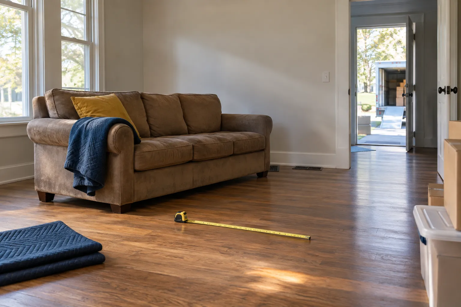 Illustrative sofa near a doorway with a measuring tape