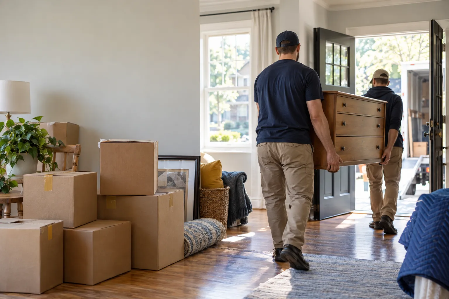 Illustrative moving-day cleanout scene with two people carrying a dresser