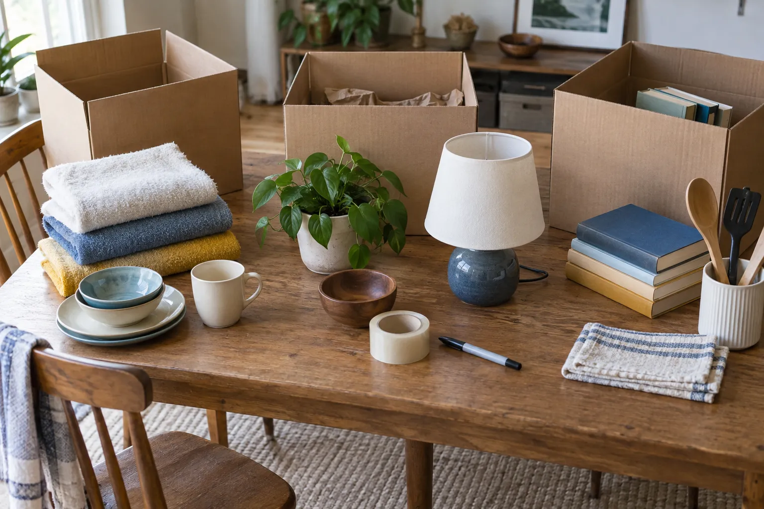 Illustrative table showing household items being sorted into boxes